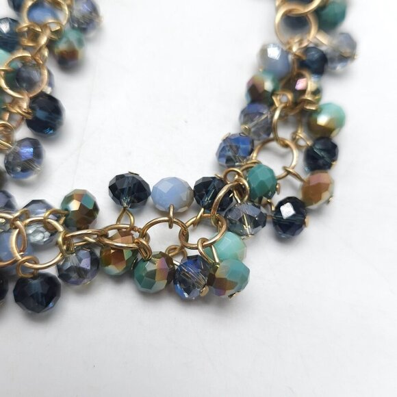 Long Crystal Beaded Gold Tone Chain Necklace With Blue Glass Beads Lobster Clasp - Picture 3 of 7